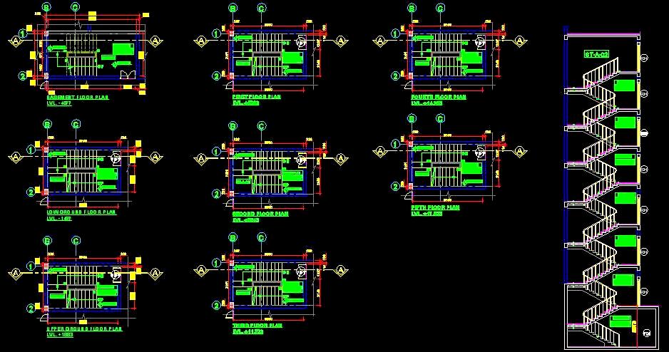 Multi-Storey Building Staircase DWG- Complete Plan and Section